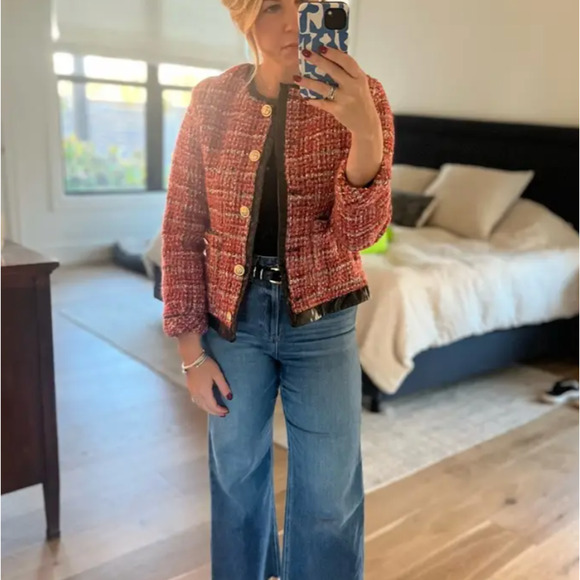 English Factory Tweed Blazer XS Boxy Boucle Faux Leather Trim Clueless $210 - Picture 9 of 10